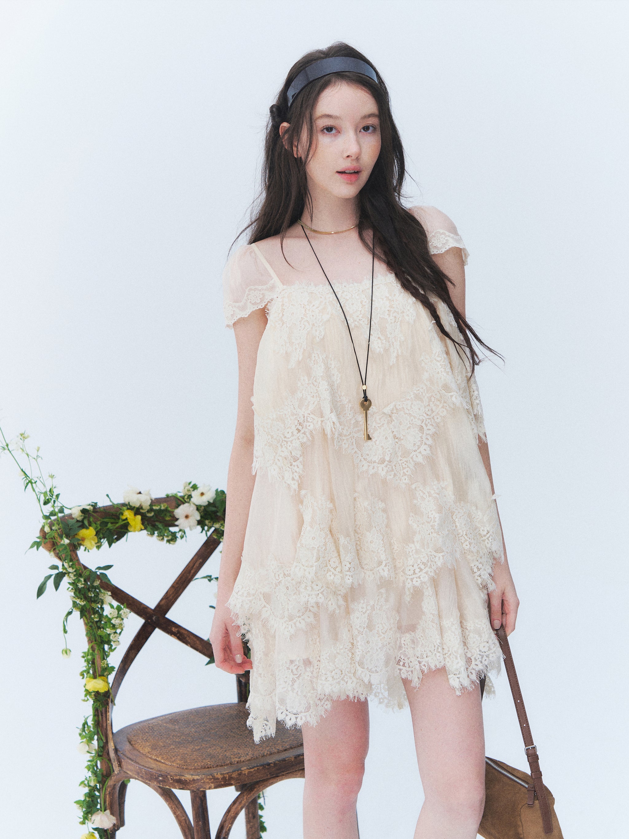 LLDC 'FLORAL TEA REVERIE' Lace Patchwork Layered Dress [Beige]   LaLuneDuCiel