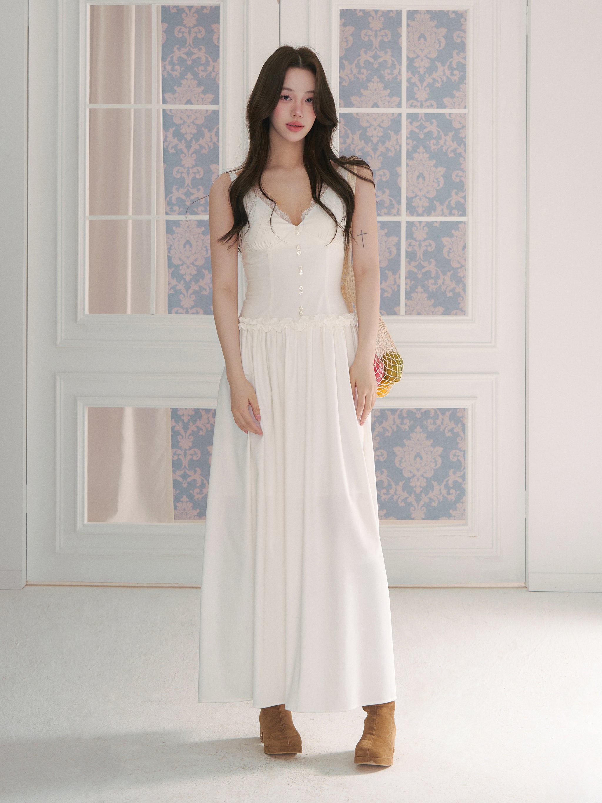 LLDC 'FLORAL TEA REVERIE' V-neck Waist-Cinching Ruffled Dress